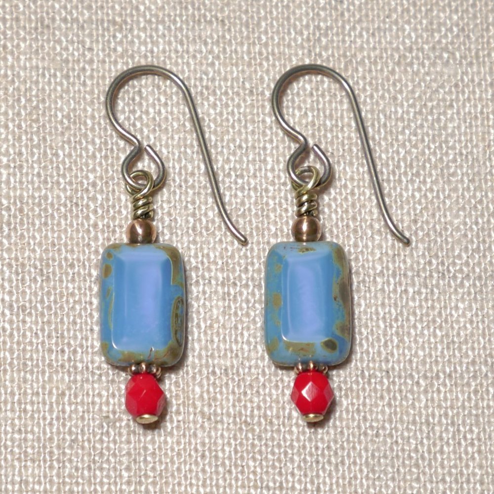 Hand Crafted Handmade Earrings Petite Czech Glass Blue & Red Beaded Earr…